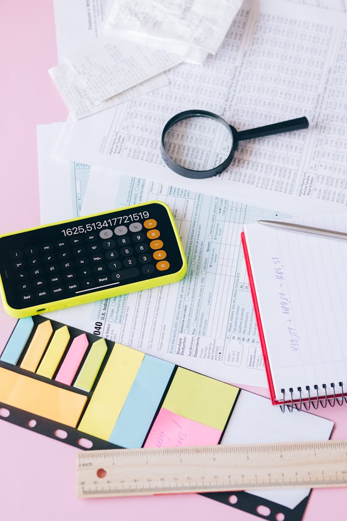 Aerial view of office supplies and documents on a pink desk, featuring a calculator and magnifying glass.